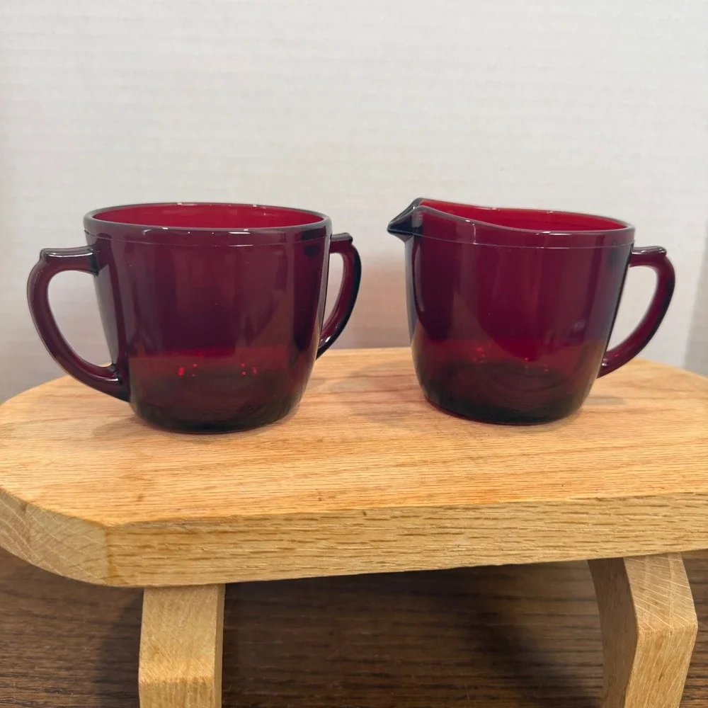 Anchor Hocking Royal Ruby Red Glass Creamer Sugar Bowl Set Vintage Mid Century